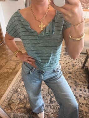 UNIONBAY Women's Short Sleeve Striped Henley Tee in Teal Green